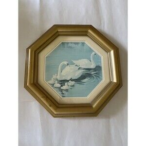 Vintage Homco Home Interiors Swan Family Gold Octagon Frame Wall Decor